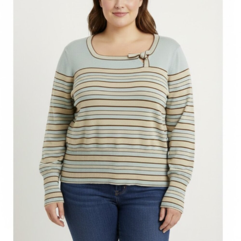 Kasper Square Neck Bow Detail Striped‎ Tight Knit Vintage Inspired Sweater XL